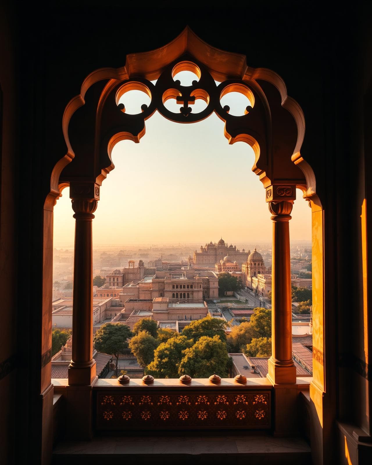 Marble jharokha overlooking Jaipur at sunrise